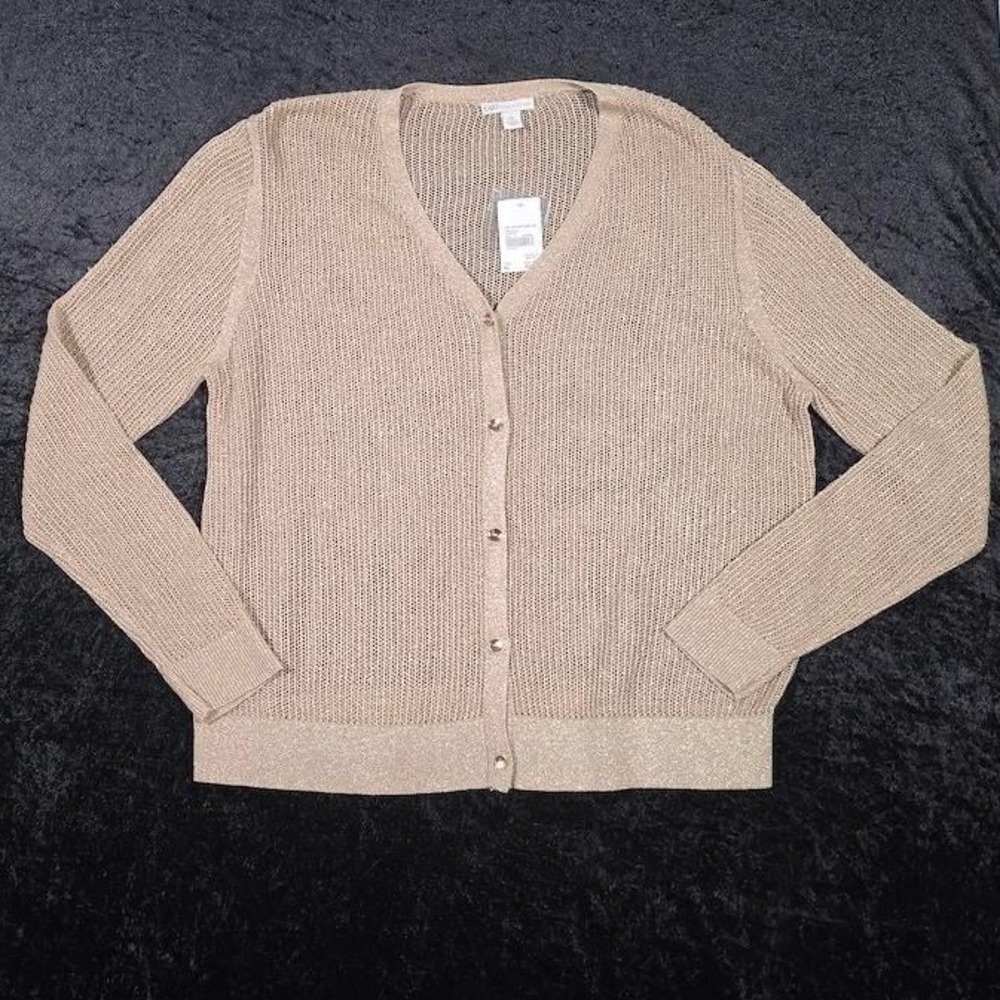 Cato Fashions Womens XL Gold Metallic Open Knit V-Neck Button Front Cardigan New